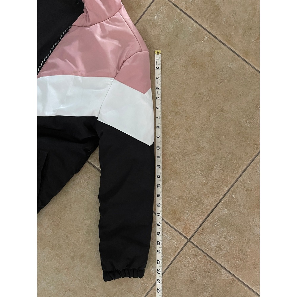 Pink White Black Chevron Colorblock Faux Fur Hooded Puffer Jacket Size S - Picture 5 of 10